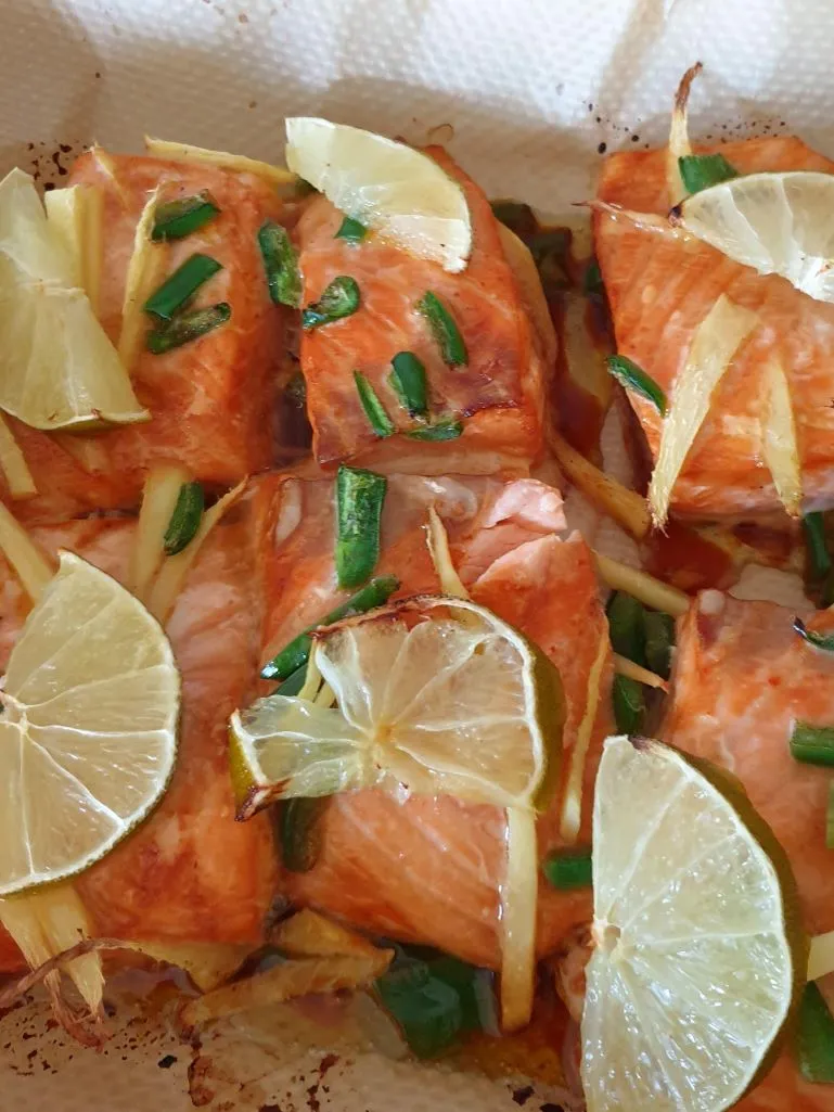 Oven-baked salmon- marinated Thai flavours.